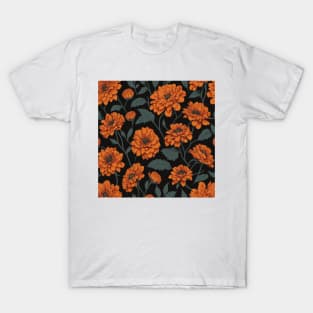 Orange Zinnia Flower Pattern on Black T-Shirt